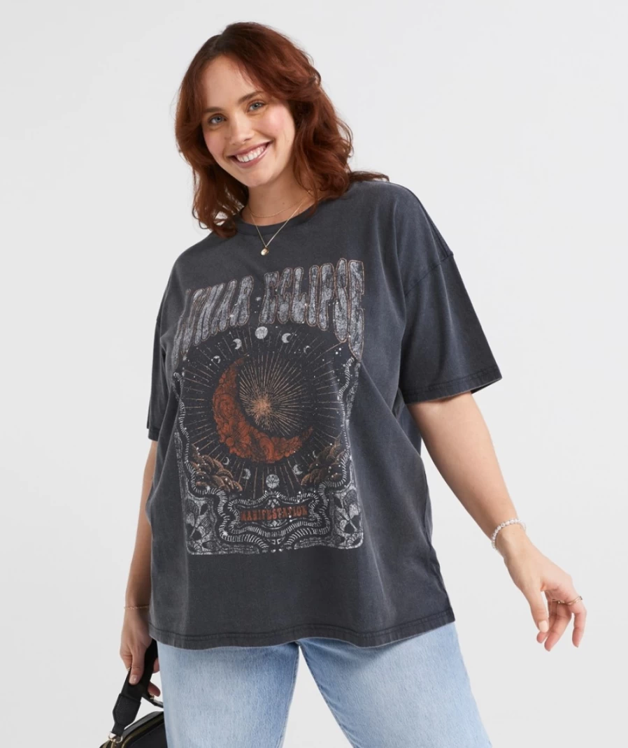 "Sportsgirl Women's Grey Cosmic Oversized Graphic T-Shirt"