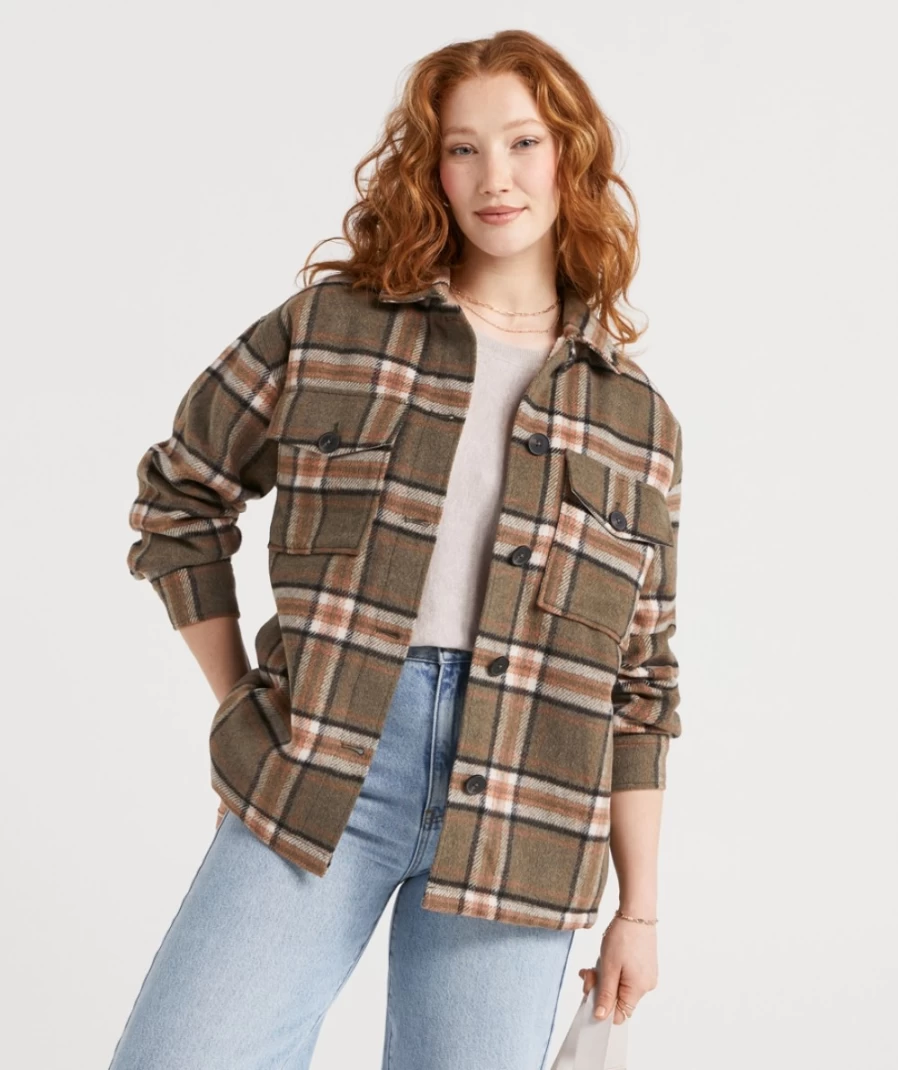 Sportsgirl Women's Khaki Darla Checkered Shacket with Sherpa Lining