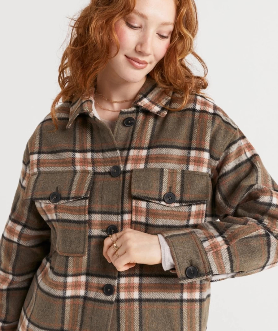 Sportsgirl Women's Khaki Darla Checkered Shacket with Sherpa Lining