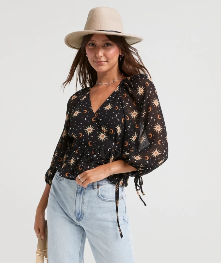 Sportsgirl Women's Star Dust Celeste Sheer Printed Wrap Top