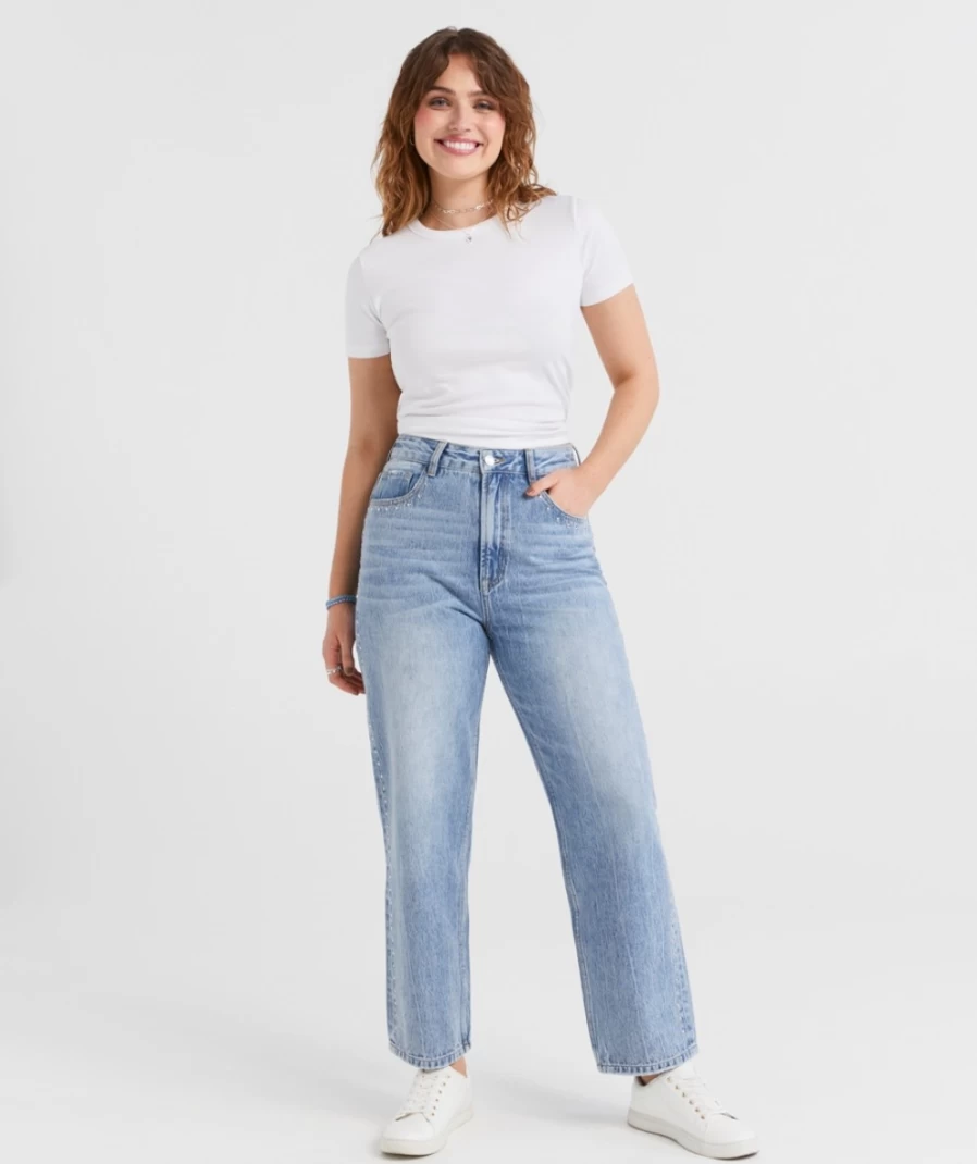 "Sportsgirl Women's Vintage Blue Embellished Straight Leg Jeans"