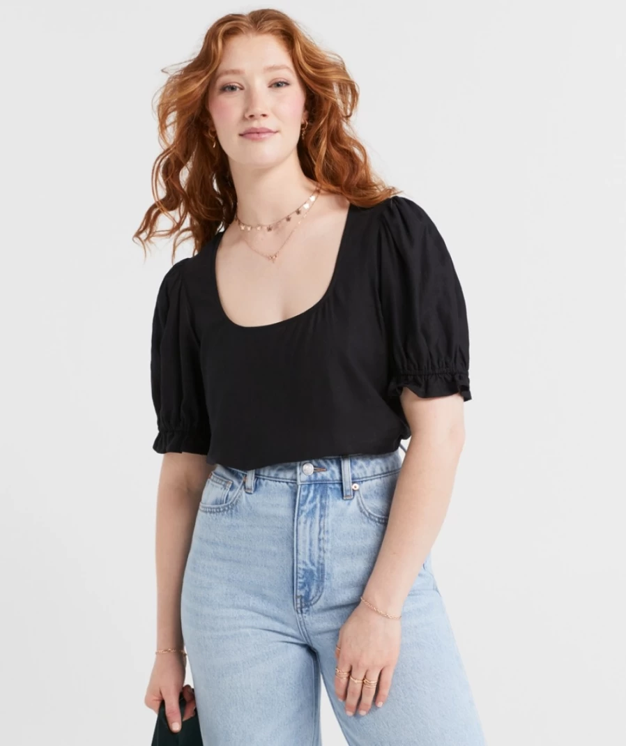 Sportsgirl Women's Cass Linen Blend Scoop Neck Blouse - Relaxed Fit Casual Top