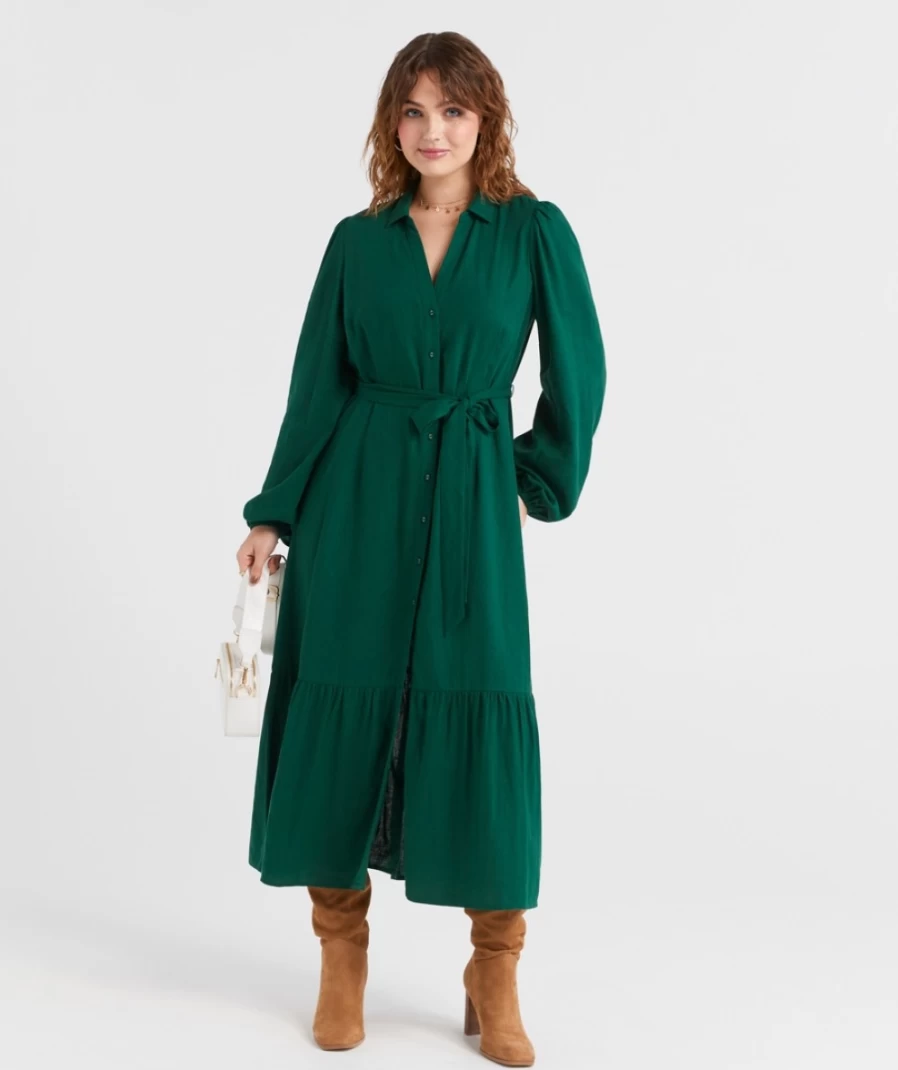 Sportsgirl Women's Green Linen Blend Button Down Shirt Midi Dress