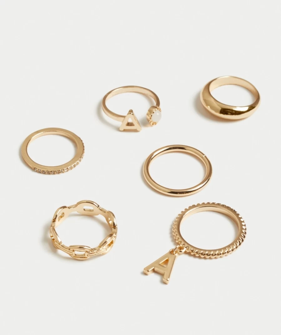 Sportsgirl Women's Gold Letter Pendant Ring Pack - Small Elegant Jewelry Gift