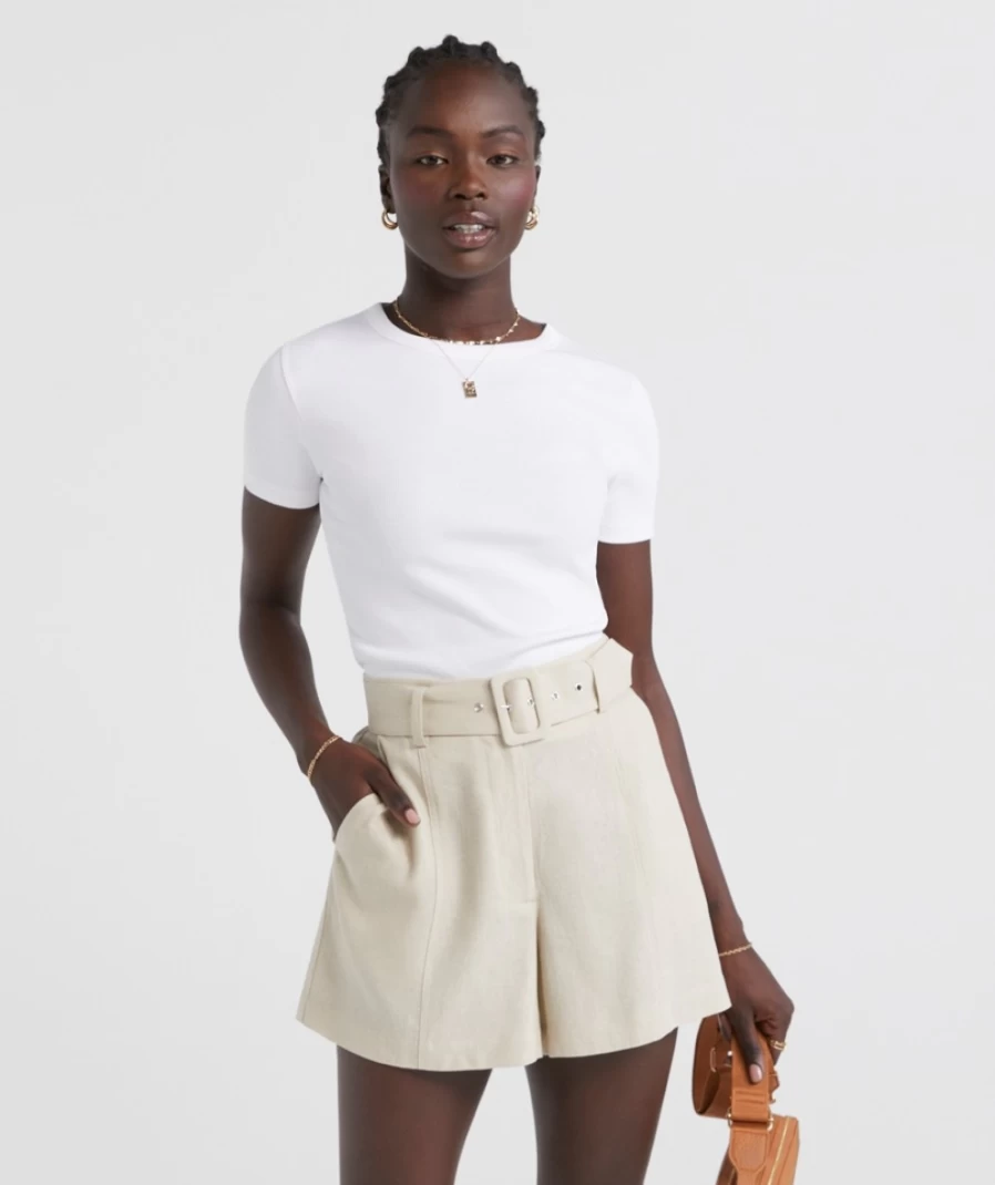 Sportsgirl Women's Hannah Linen Blend Belted Shorts with Adjustable Waist