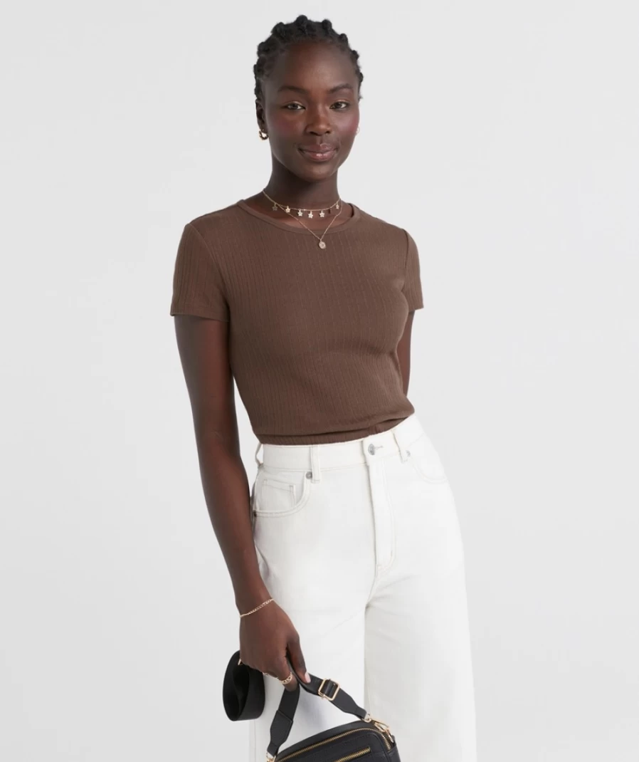 Sportsgirl Women's Billie Pointelle Baby Tee - Soft Knit Short Sleeve T-Shirt