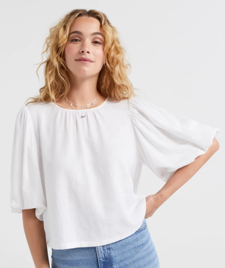 Sportsgirl Women's White Linen Blend Volume Sleeve Top