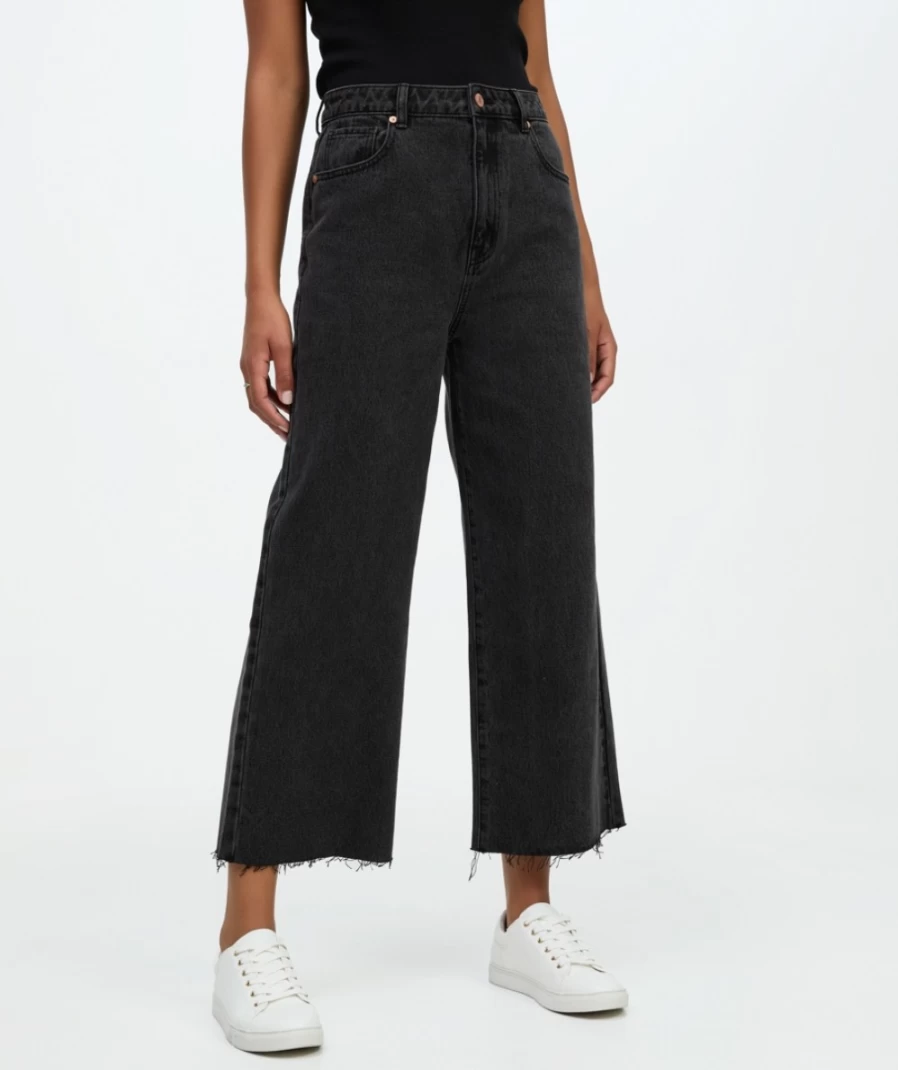Sportsgirl Women's Washed Black Culotte Jean High Waist Wide Leg Denim Pants