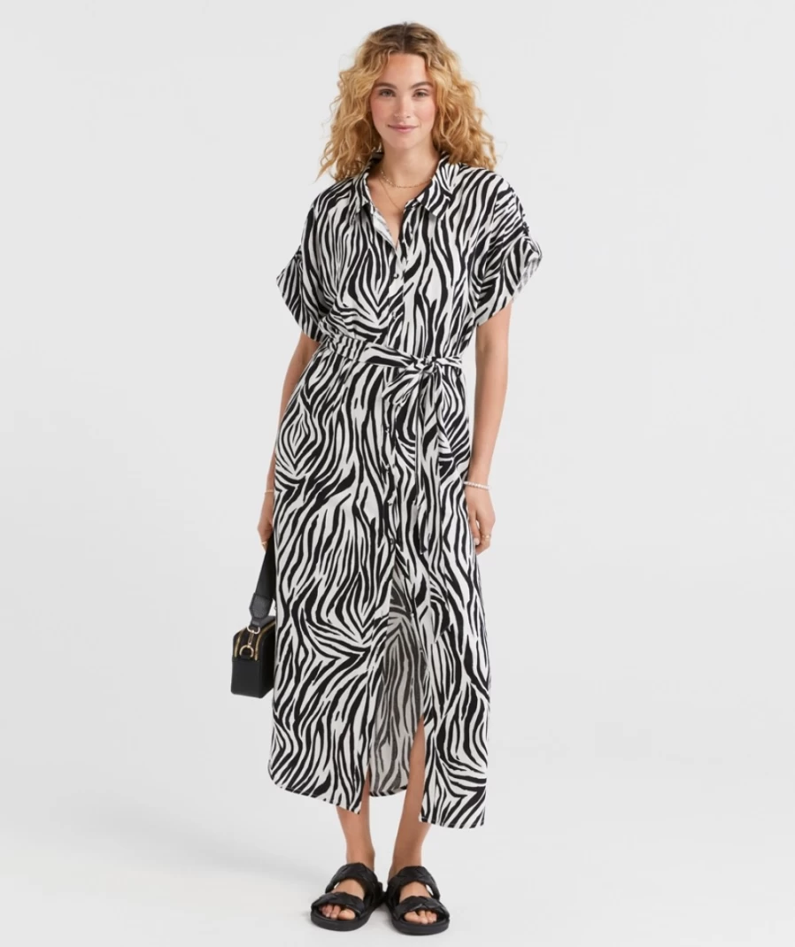 Sportsgirl Women's Zebra Print Linen Blend Shirt Midi Dress