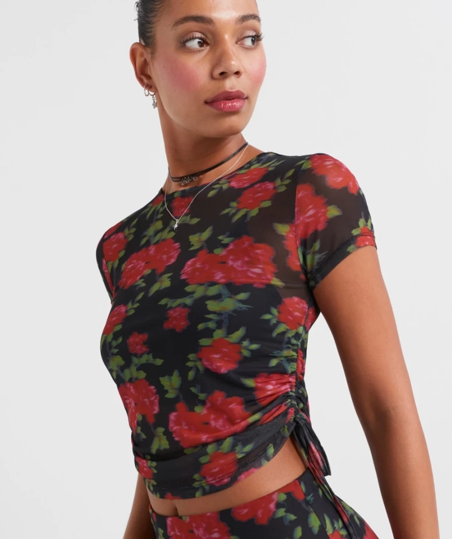 Sportsgirl Women's Print Vicki Mesh Ruched Side Short Sleeve Top