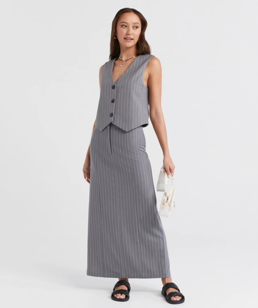 Sportsgirl Women's Grey Stripe Pinstripe Column Skirt - Bethany Style