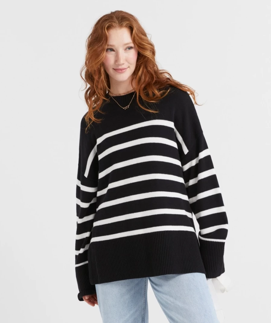 "Sportsgirl Women's Black Stripe Knit Sweater - Regina Stripe Pullover"