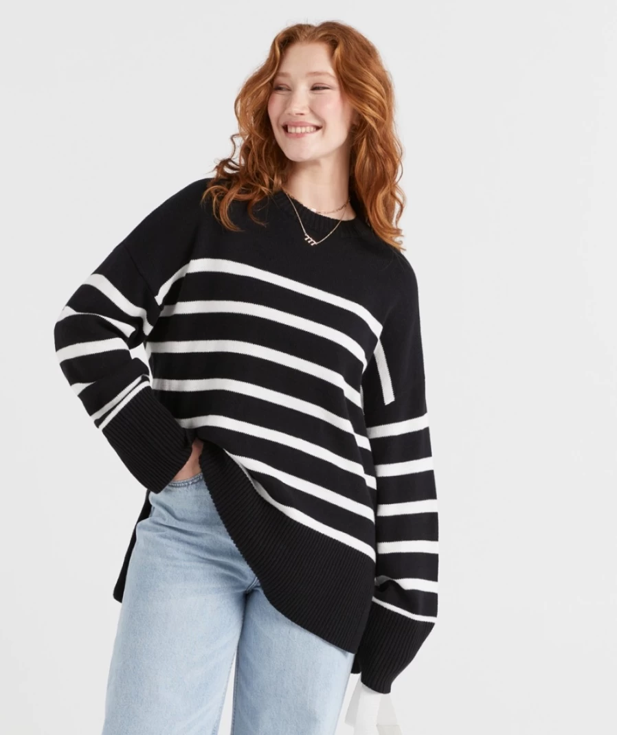 "Sportsgirl Women's Black Stripe Knit Sweater - Regina Stripe Pullover"