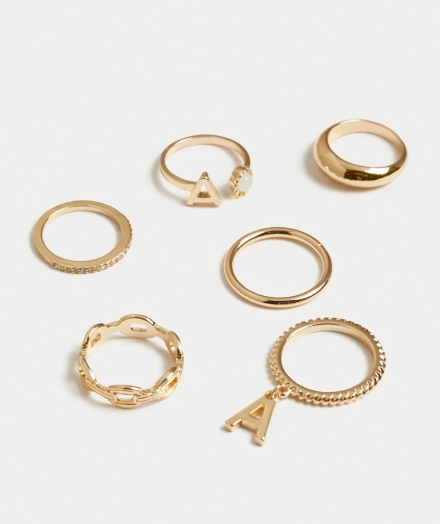 Sportsgirl Women's Gold Letter Pendant Ring Pack - Large Size Fashion Jewelry