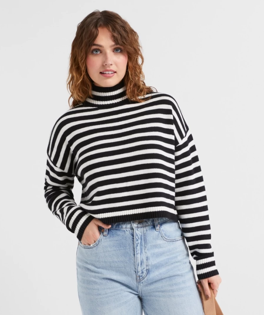 Sportsgirl Women's Stripe Brooke Cropped Mock Neck Sweater