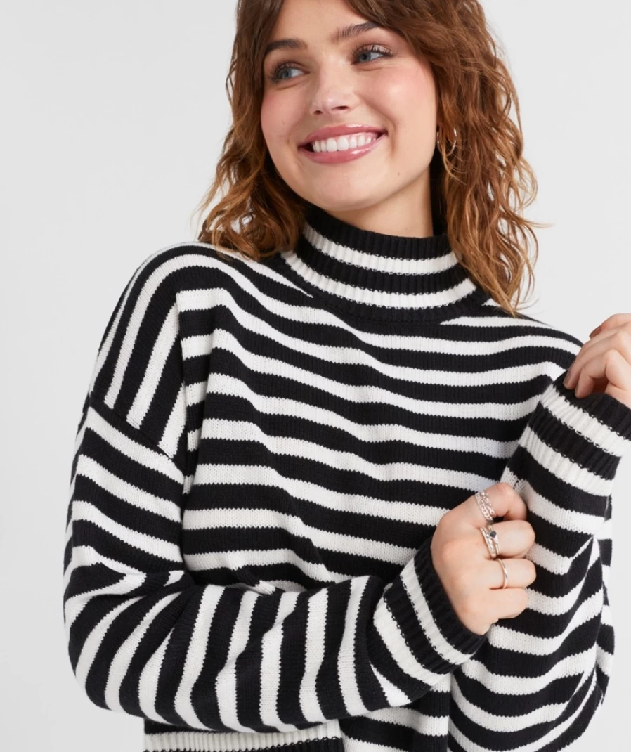 Sportsgirl Women's Stripe Brooke Cropped Mock Neck Sweater