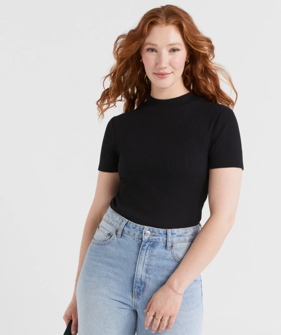 Sportsgirl Women's Mock Neck Short Sleeve T-Shirt - Stylish Casual Top