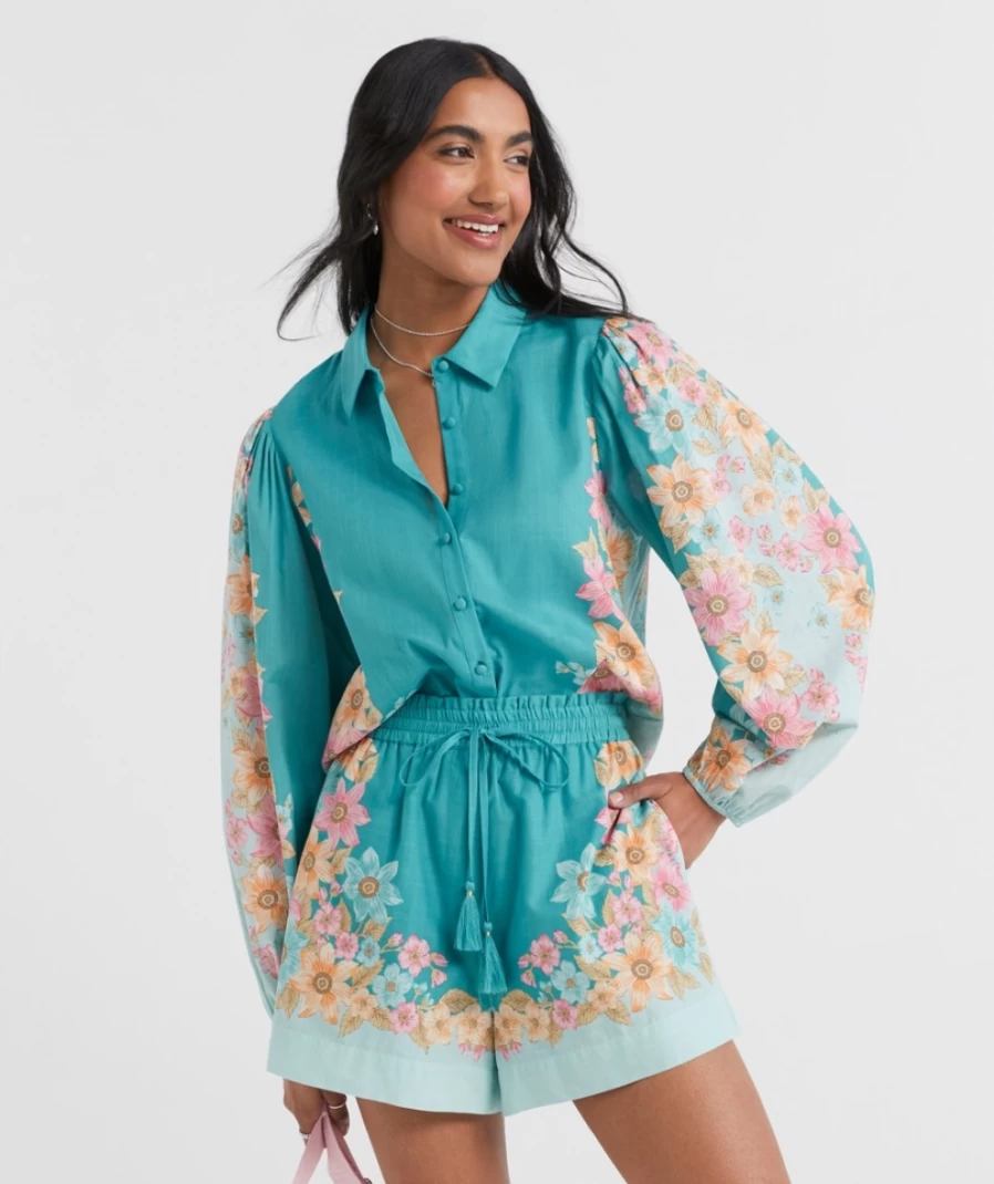 Sportsgirl Women's Teal Cotton Printed Shorts | Zaida Collection
