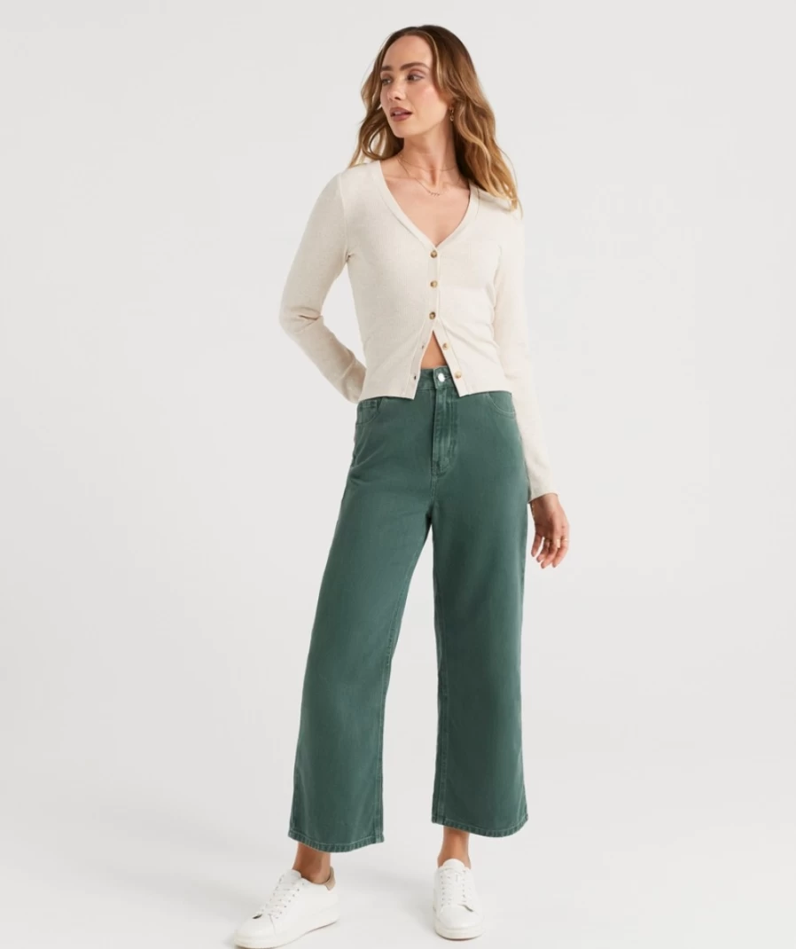 Sportsgirl Women's Deep Green Culotte Jean High Waist Wide Leg Trousers