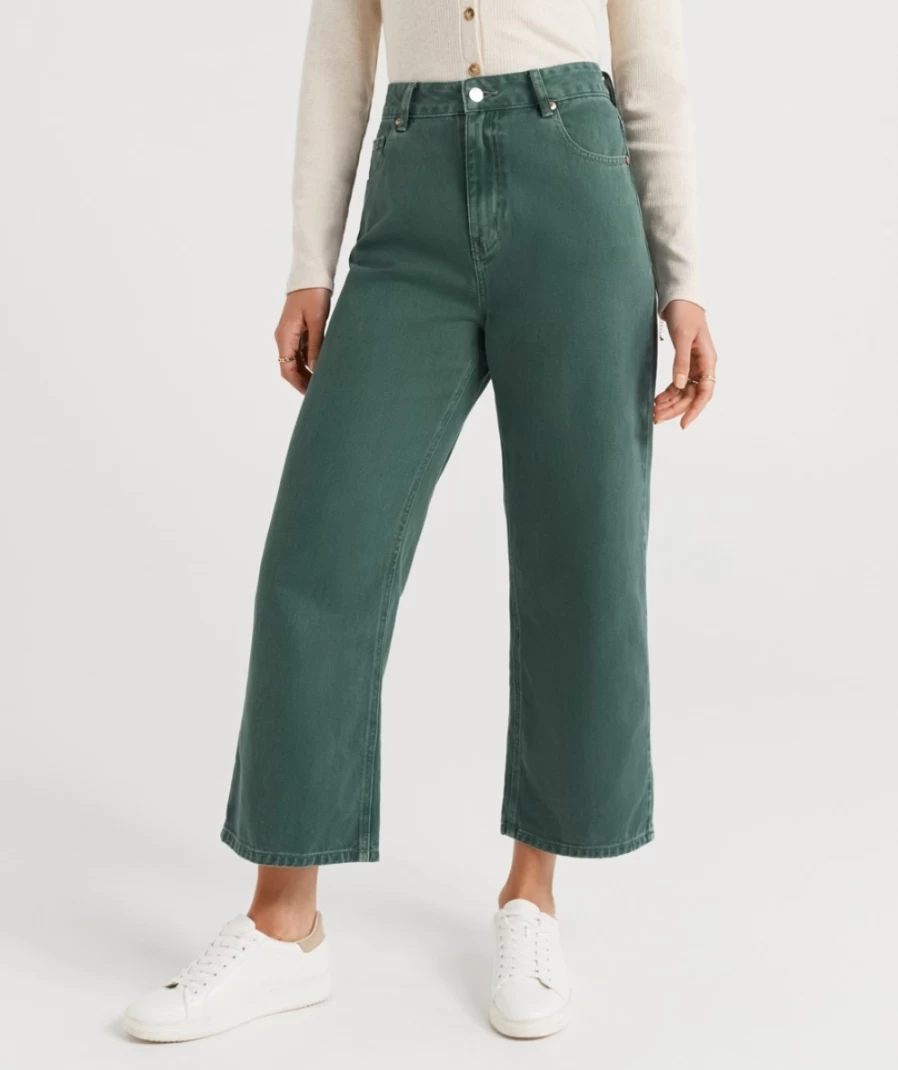 Sportsgirl Women's Deep Green Culotte Jean High Waist Wide Leg Trousers