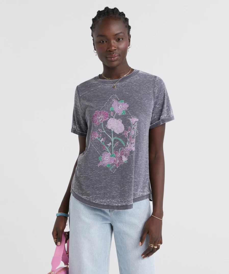 Women's Black Floral Graphic Burnout T-Shirt by Sportsgirl