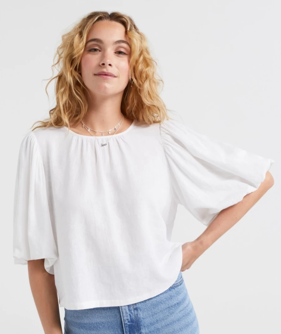 Sportsgirl Women's White Linen Blend Voluminous Sleeve Top