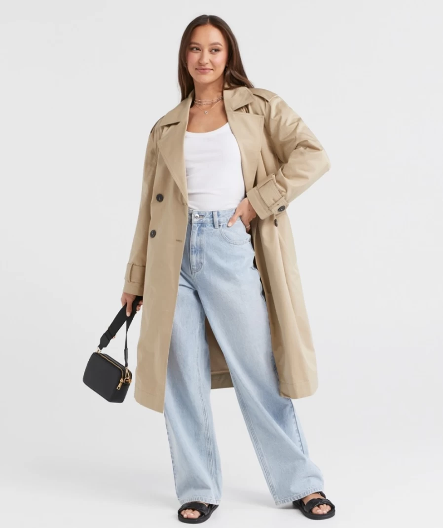 Women's Stone Trench Coat by Sportsgirl - Classic Waterproof Outerwear for Stylish Layering
