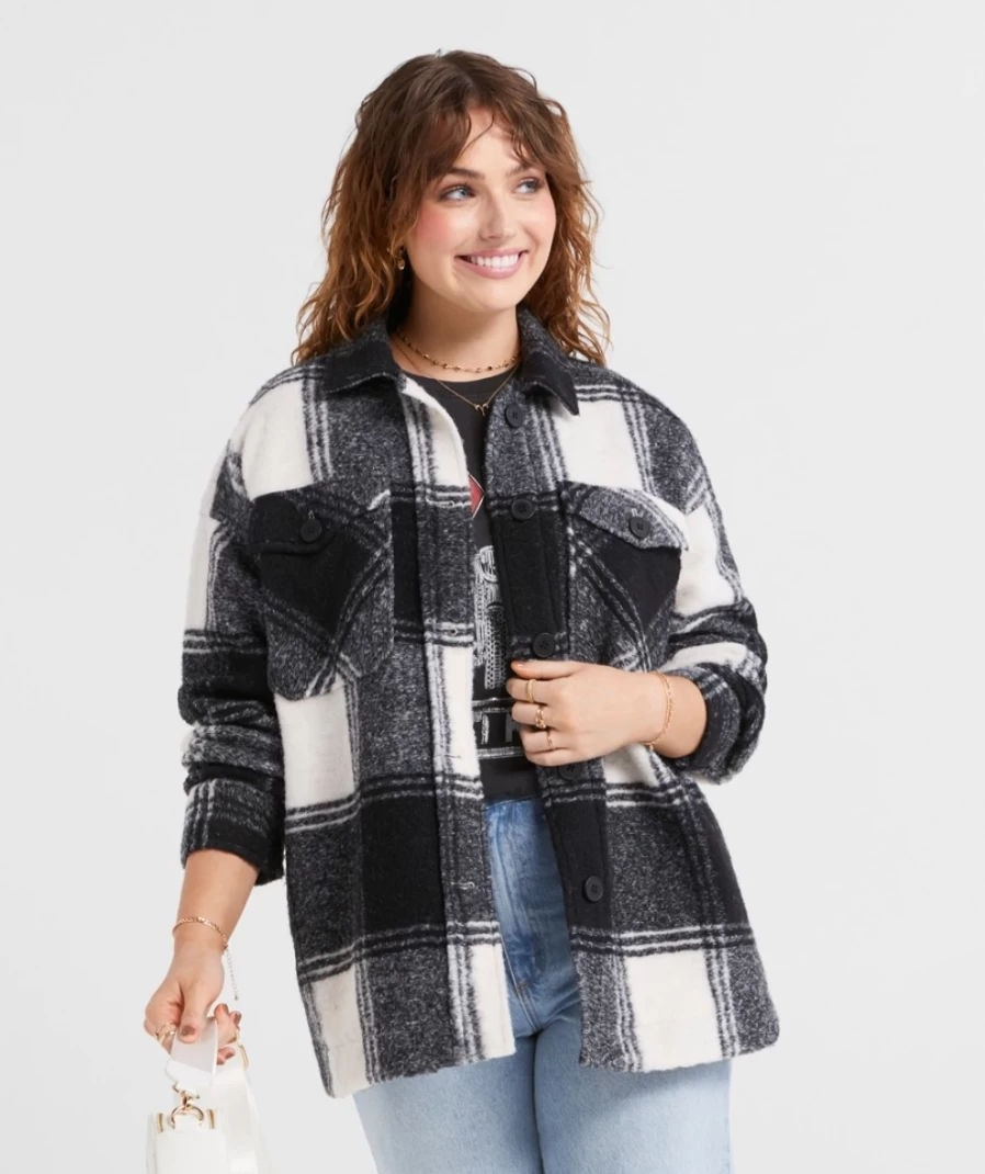 Sportsgirl Women's Black & Ecru Checkered Shacket - Barbie Inspired Plaid Jacket