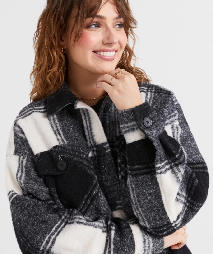 Sportsgirl Women's Black & Ecru Checkered Shacket - Barbie Inspired Plaid Jacket