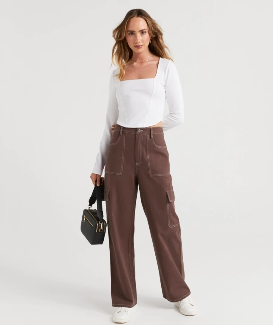 Sportsgirl Women's Chocolate Drew Cargo Straight Leg Pants