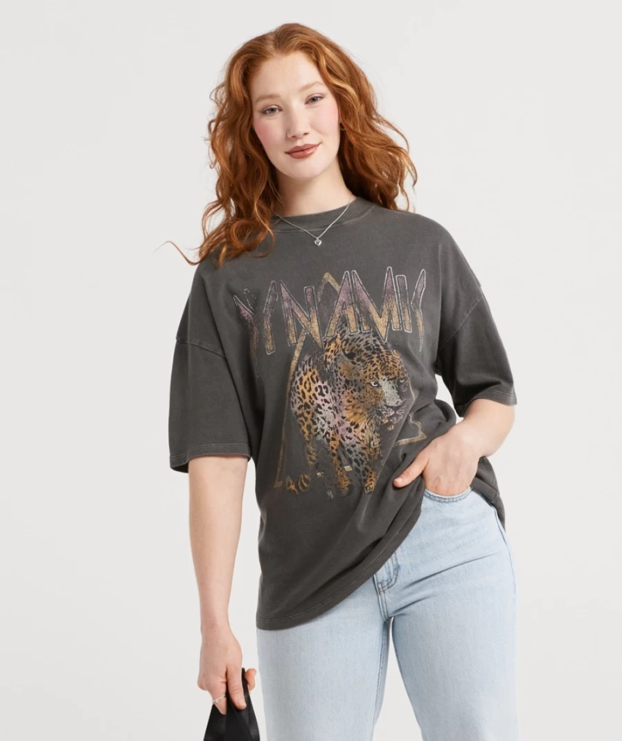Sportsgirl Women's Washed Black Oversized Graphic T-Shirt - Dynamic Print Casual Tee