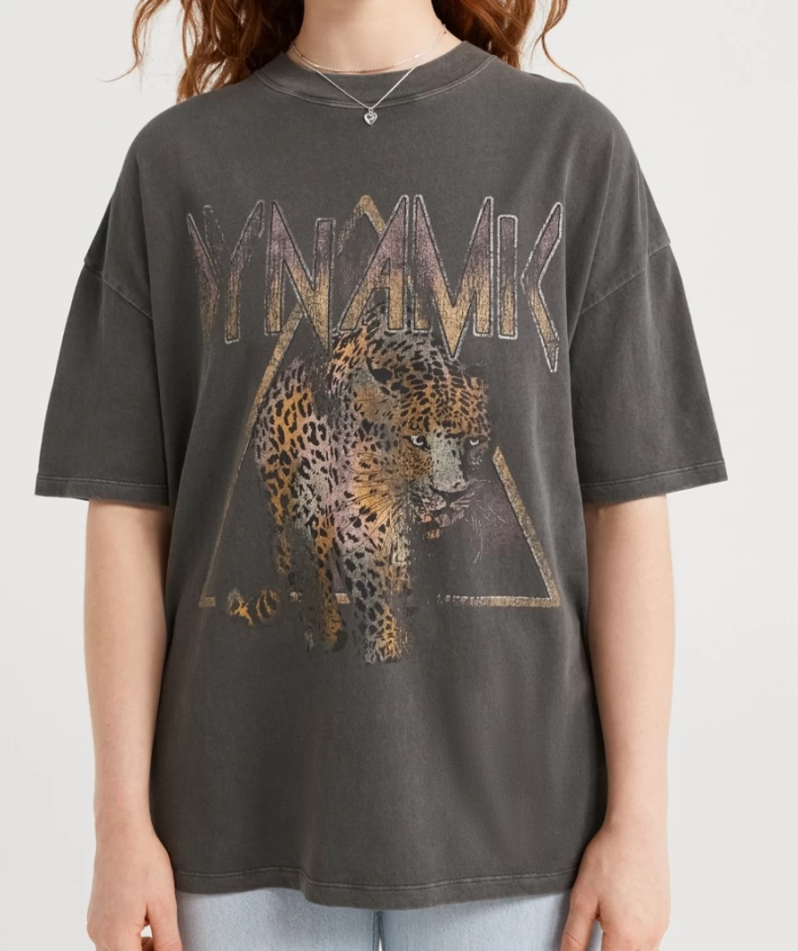 Sportsgirl Women's Washed Black Oversized Graphic T-Shirt - Dynamic Print Casual Tee