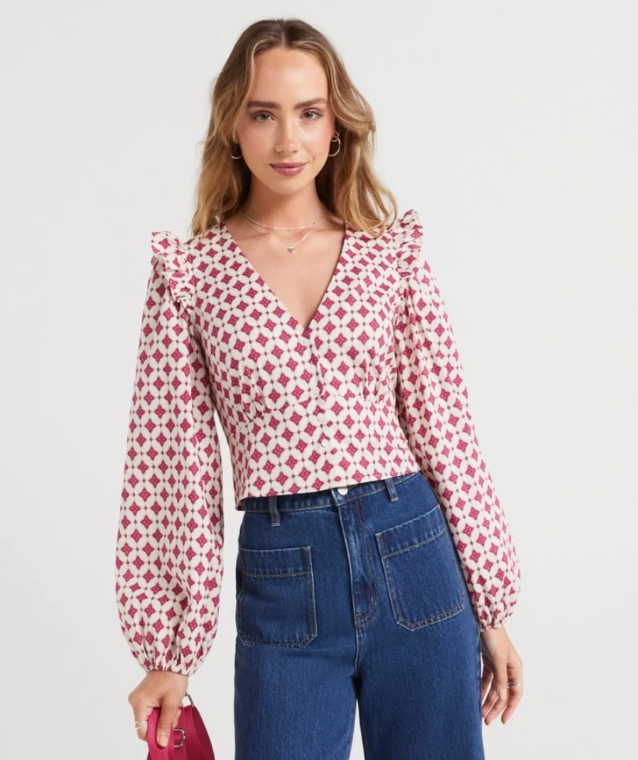 Sportsgirl Women's Geo Cherry Print Button Through Blouse