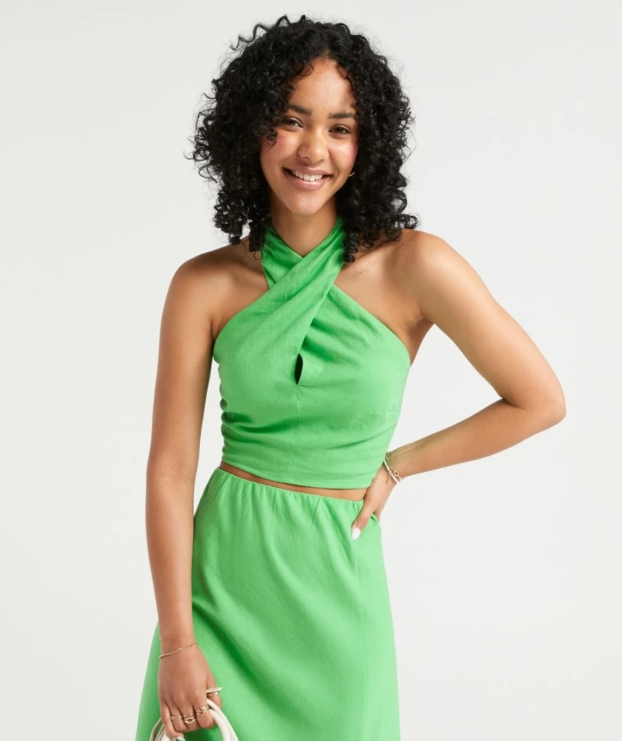 Sportsgirl Women's Green Linen Halter Top - Breezy Summer Crop Top