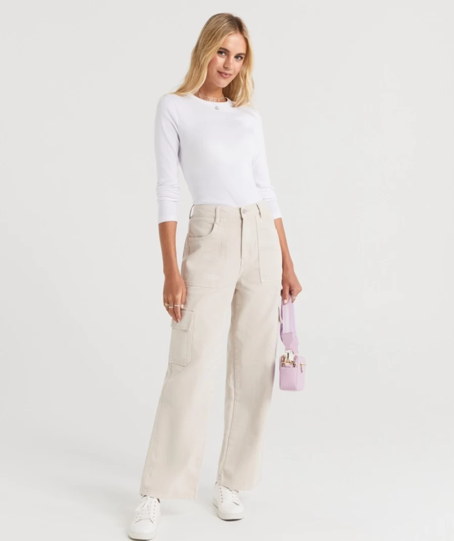 Sportsgirl Women's Beige Cargo Jeans | High-Waisted Casual Pants