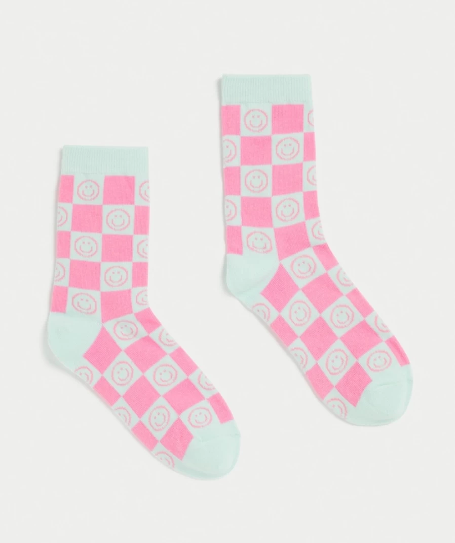 "Sportsgirl Women's Checked Smiley Crew Socks - Multi Color Fun Pattern"