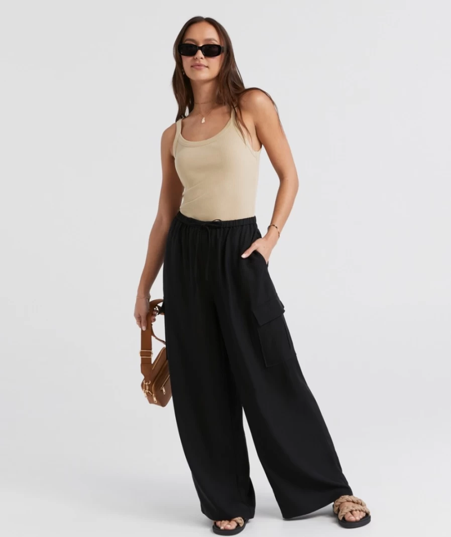 Sportsgirl Women's Black Mika Silky Cargo Pants - High Waist Stylish & Comfortable