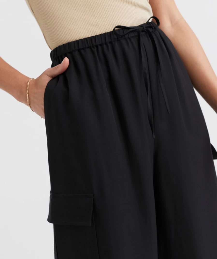 Sportsgirl Women's Black Mika Silky Cargo Pants - High Waist Stylish & Comfortable