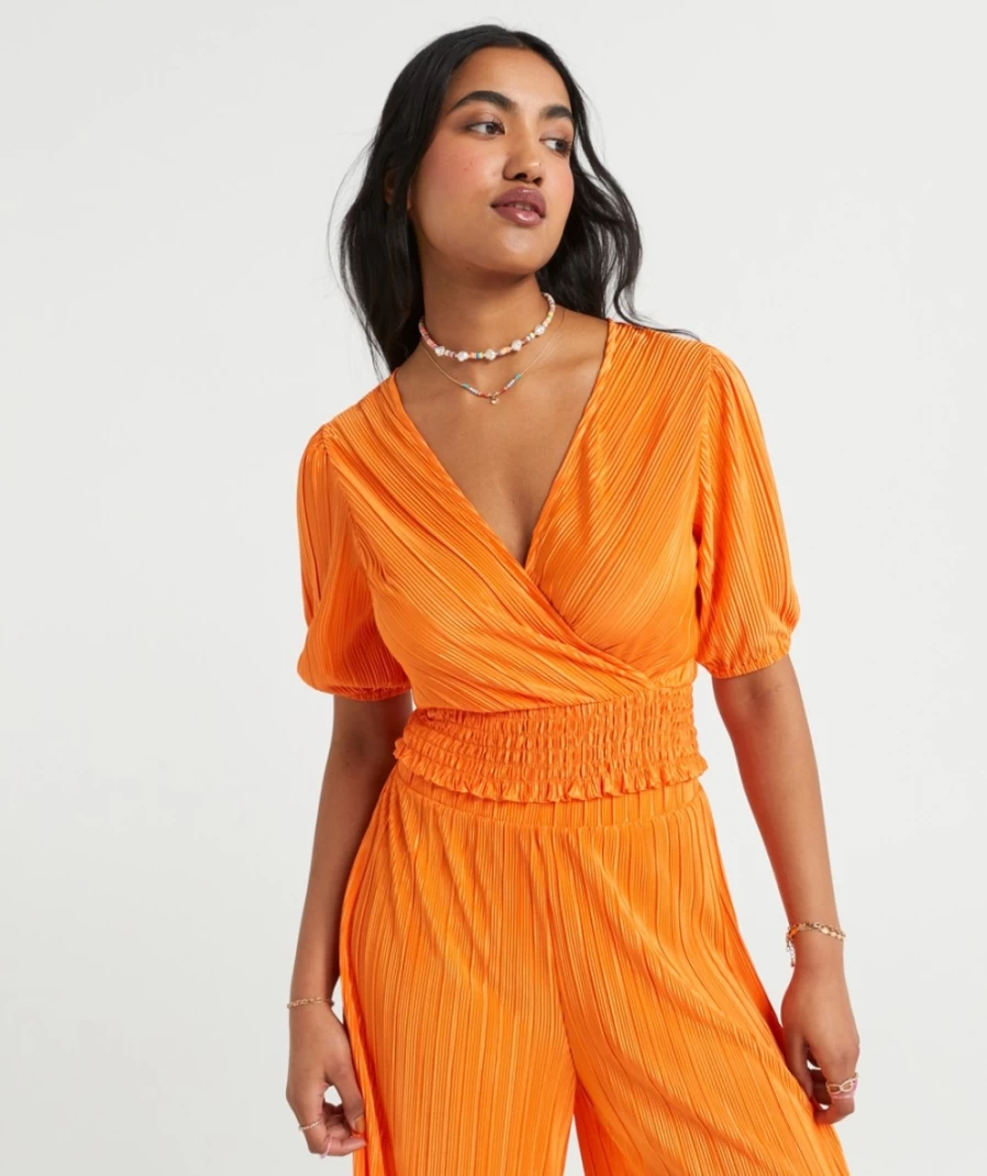 Sportsgirl Women's Orange Ariana Plisse Pleated Wrap Top
