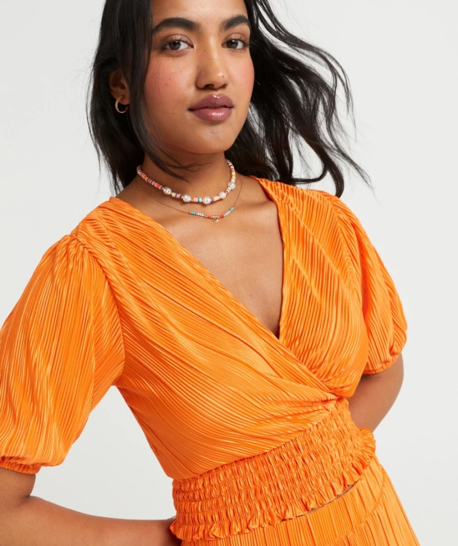 Sportsgirl Women's Orange Ariana Plisse Pleated Wrap Top