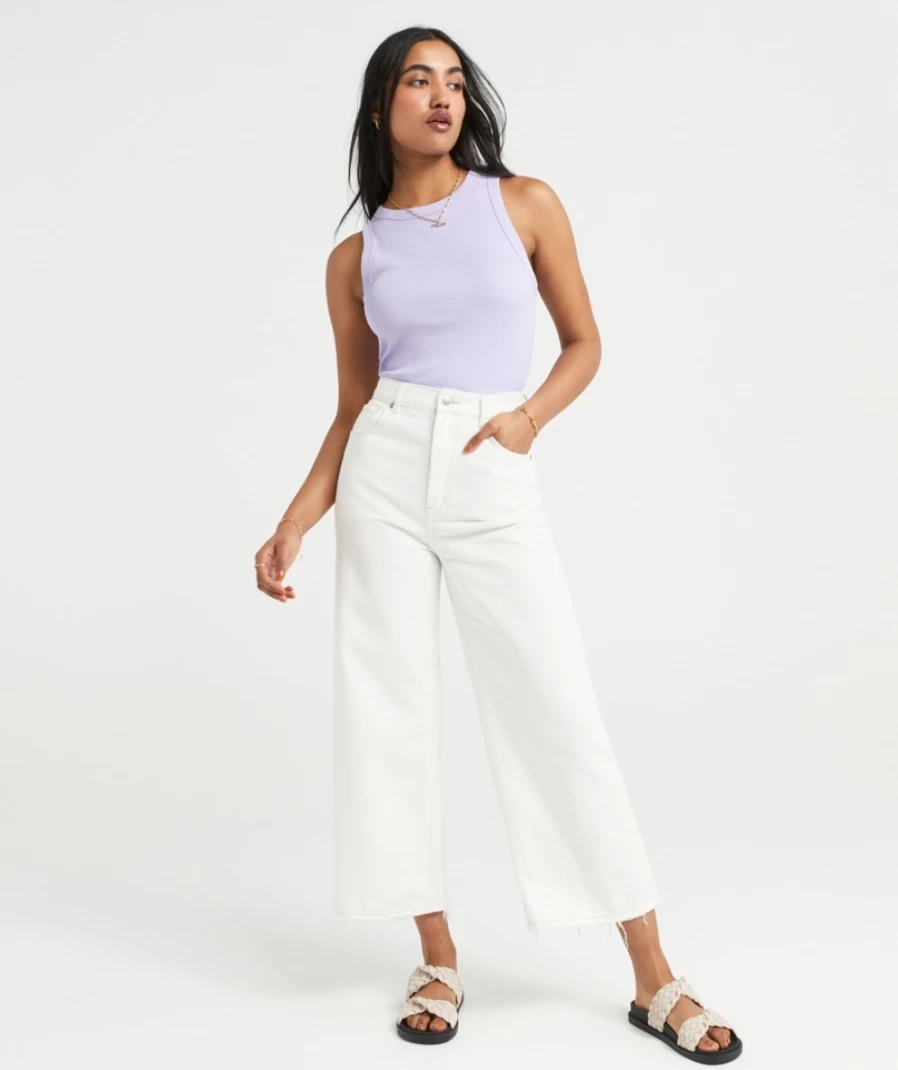 Sportsgirl Women's Ecru Culotte Jean High Waist Wide Leg Trousers