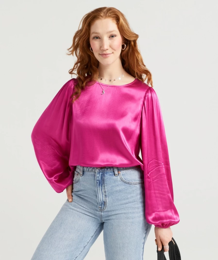 Sportsgirl Women's Cassidy Satin Blouse with Balloon Sleeves - Elegant Feminine Top