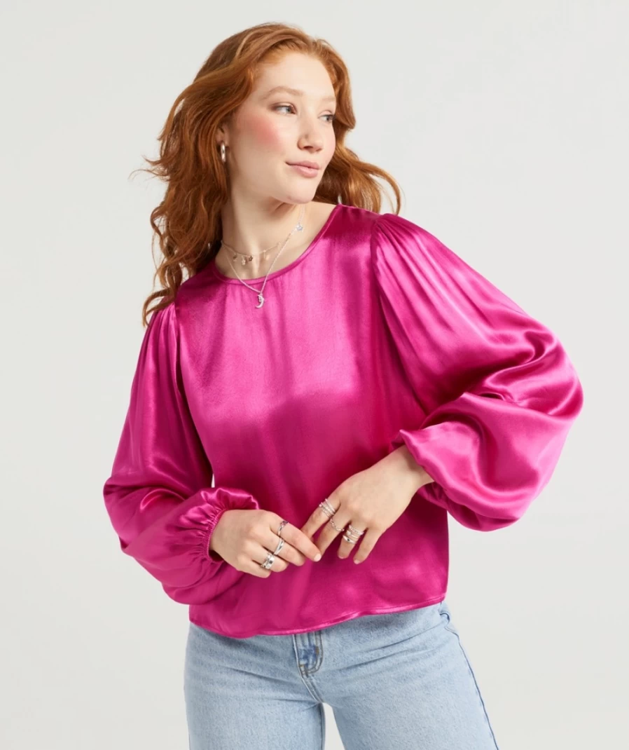 Sportsgirl Women's Cassidy Satin Blouse with Balloon Sleeves - Elegant Feminine Top