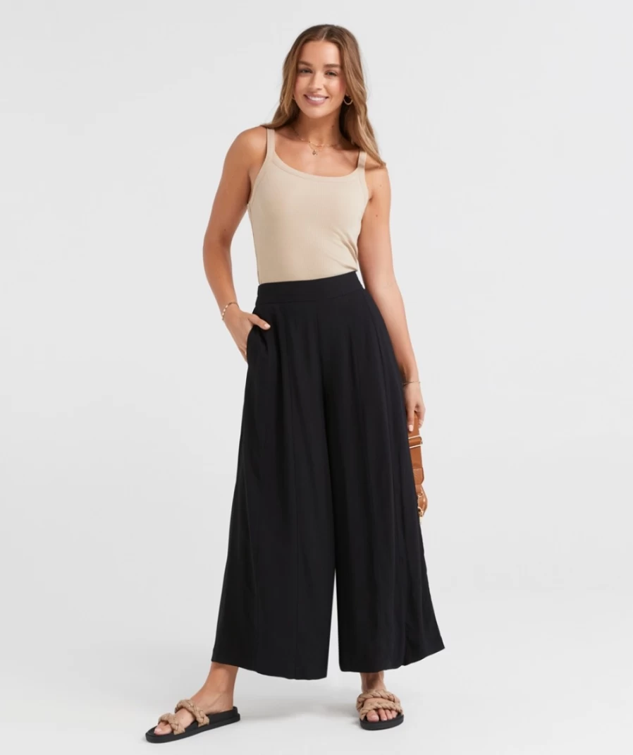 Women's Black Culotte Pants by Sportsgirl - High Waist Wide Leg Trousers