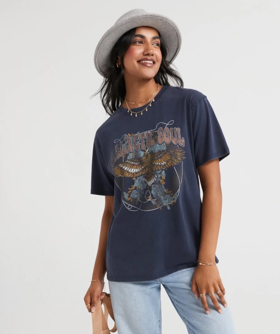 Sportsgirl Women's Washed Blue Galactic Soul Graphic Oversized T-Shirt