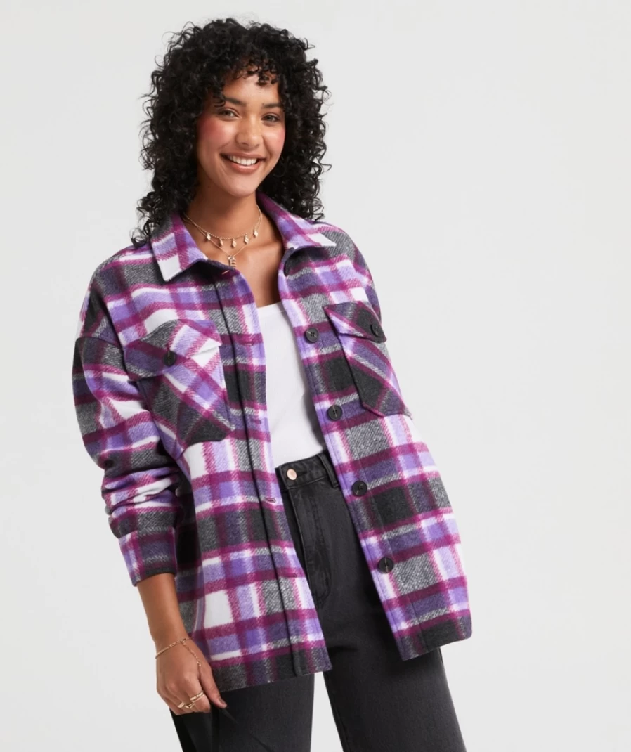 Sportsgirl Women's Audrey Check Shacket in Black & Purple - Plaid Overshirt Jacket