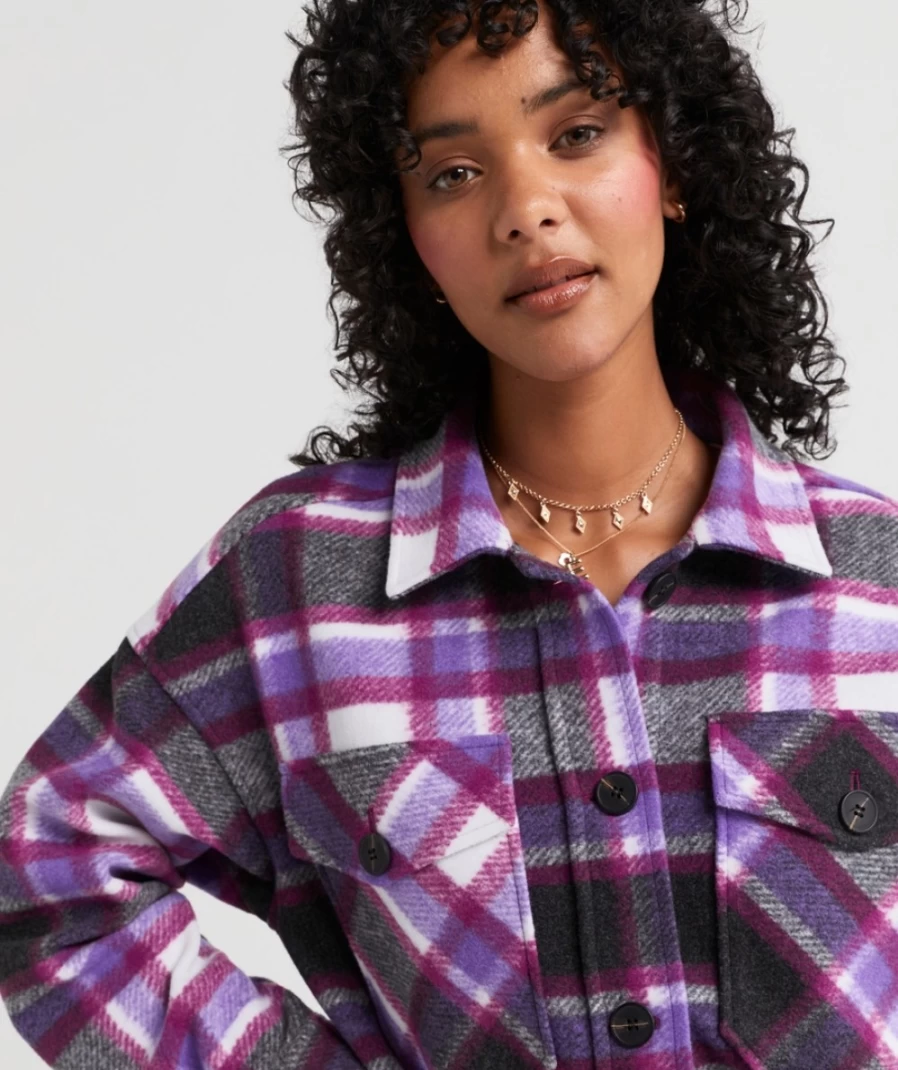 Sportsgirl Women's Audrey Check Shacket in Black & Purple - Plaid Overshirt Jacket