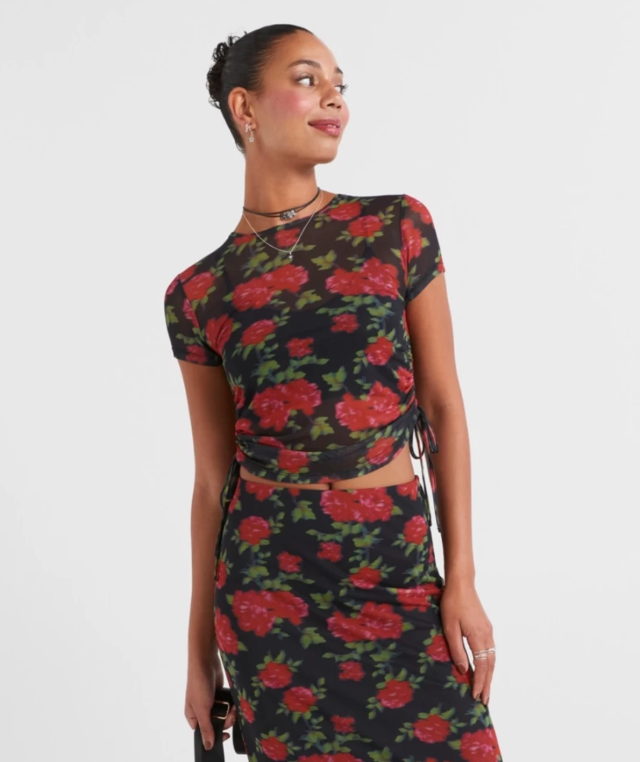 Sportsgirl Women's Print Mesh Ruched Side Short Sleeve Top