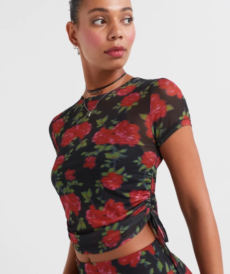 Sportsgirl Women's Print Mesh Ruched Side Short Sleeve Top