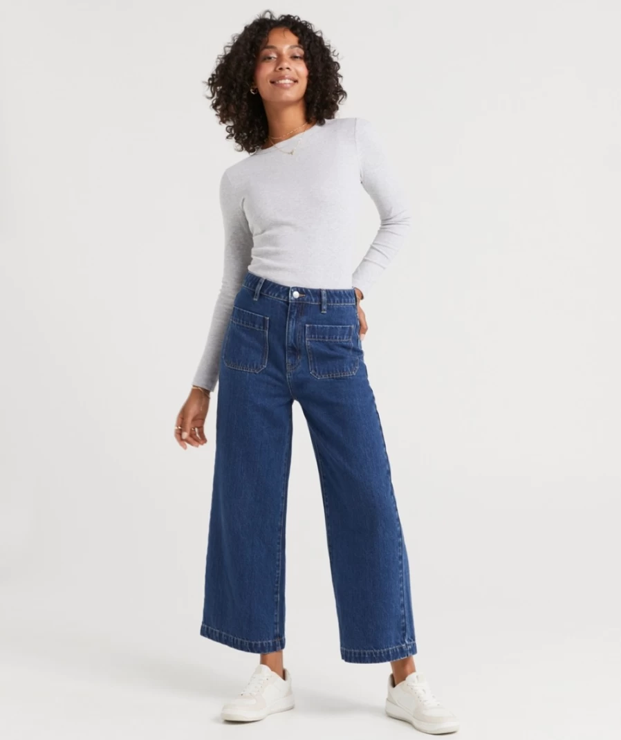 Sportsgirl Women's Dark Blue Patch Pocket Culotte Jeans